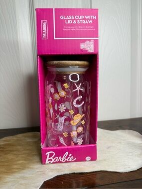 Mattel Barbie Pink & Gold Glass Cup with Cork Lid and Straw